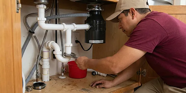 Plumber repairing under-sink garbage disposal